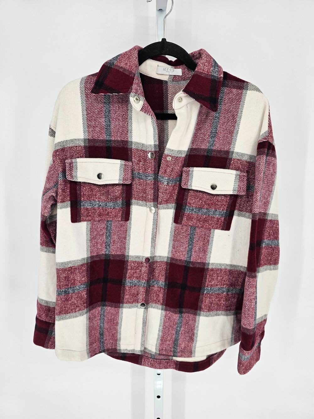 Grey Bandit Womens Sz S Snap Up Flannel Jacket Red White Plaid Thick Knit